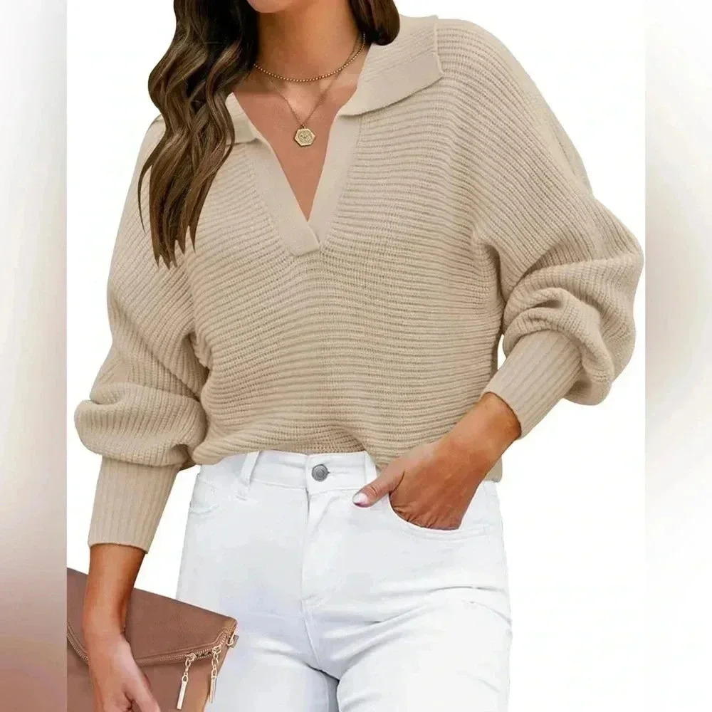 ZESICA Lapel Collar V Neck Long Sleeve Ribbed Knit Comfy Casual Pullover Sweater